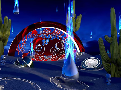 Cartoon Night Scene Featuring Red Arch White Patterns Blue Flames Cacti Circular Puddles on Sand 3d model