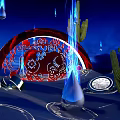 Cartoon Night Scene Featuring Red Arch White Patterns Blue Flames Cacti Circular Puddles on Sand