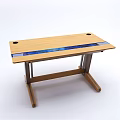 Modern Office Desk Featuring Wooden Desktop Blue Decorative Strip And Sturdy Legs