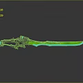 Futuristic Sci Fi Sword with Green Glowing Blade and Metallic Handle on Reflective Surface
