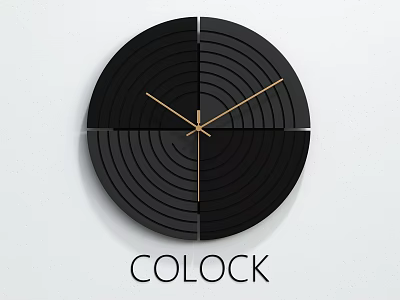 Modern Black Wall Clock With Concentric Circles Design And Golden Hands 3d model