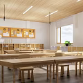 Bright Kindergarten Classroom With Wooden Tables Chairs Green Blackboard And Potted Plants