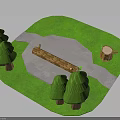 Outdoor Park Scene With Green Grass Trees Wooden Bench And Tree Stump