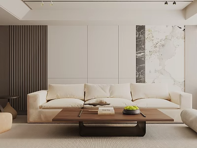 Modern Living Room Interior Design With Beige Sofa Wooden Coffee Table And Wall Art 3d model