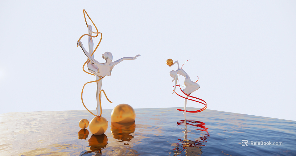 White Dancing Sculptures With Orange Red Ribbons And Golden Spheres On Water Surface With Reflections 3d model 