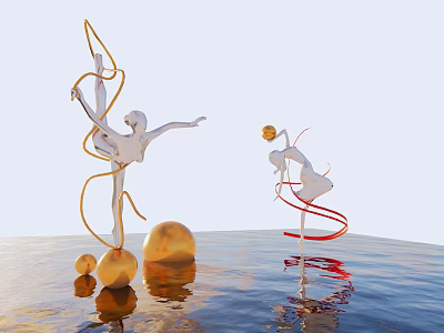 White Dancing Sculptures With Orange Red Ribbons And Golden Spheres On Water Surface With Reflections 3d model