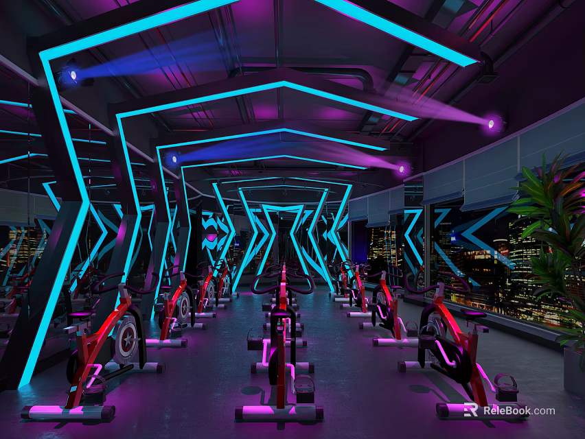 Modern Fitness Gym With Spin Bikes Neon Lights And City View Workout Space 3d model 