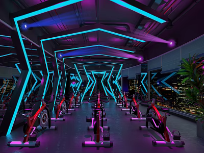 Modern Fitness Gym With Spin Bikes Neon Lights And City View Workout Space 3d model