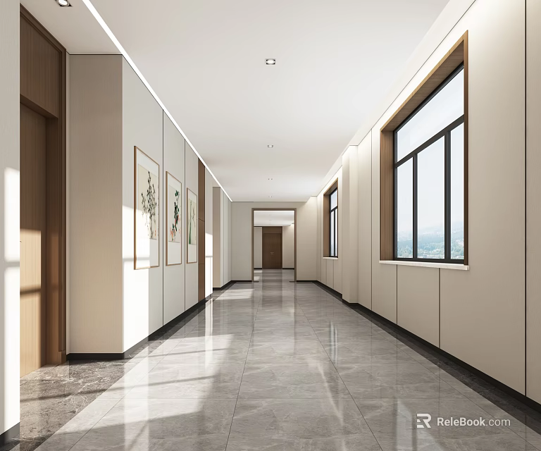 Spacious Modern Elevator Corridor With Marble Flooring And Large Windows 3d model