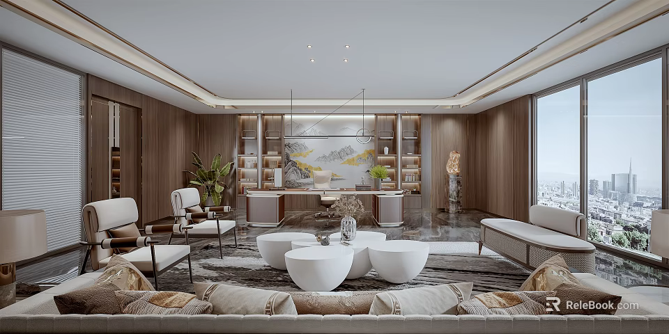 Modern Office Interior Design With Wooden Elements Sofas Round Coffee Tables And Green Plants 3d model