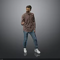 Man in red shirt blue jeans and white sneakers posing on gray background