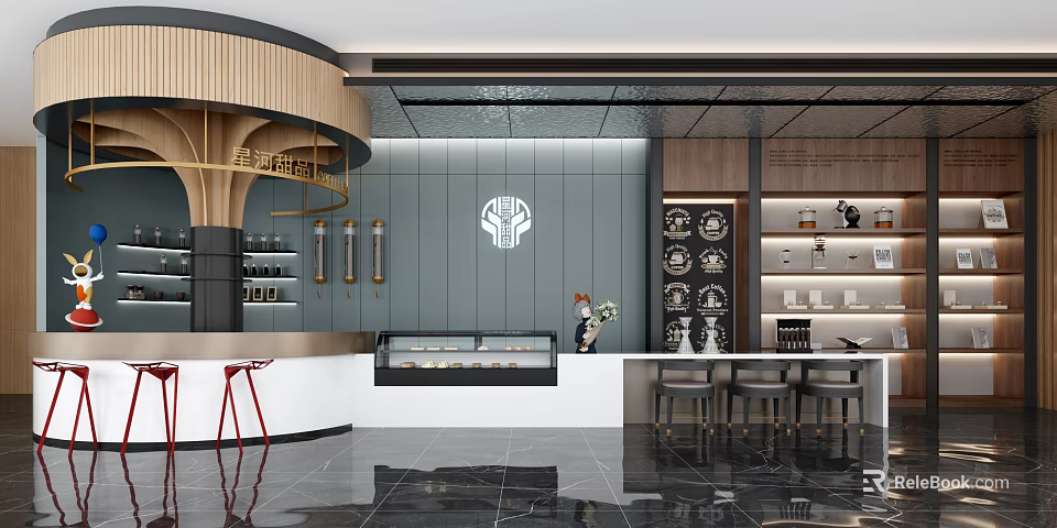 Modern Elegant Cafe With Marble Countertop Wood Decor Bar Counter Bakery Display And High Stools 3d model 