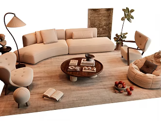 Quiet Chinese and Ancient Style Sofa Coffee Table Combination Lazy Sofa Leisure Chair Plant Potted Floor Lamp Coffee Table Ornaments 3d model