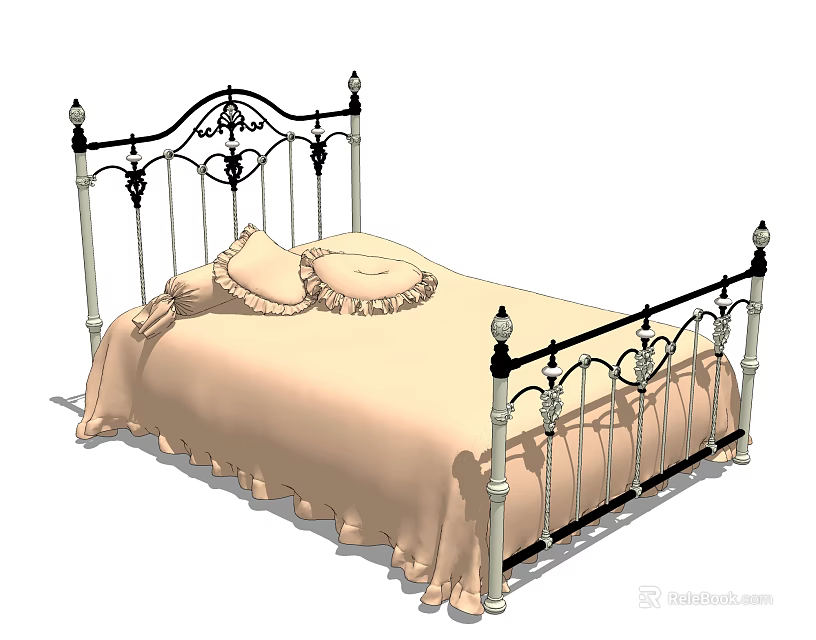 Ornate Black Iron Double Bed with Light Beige Bedding and Decorative Pillows 3d model 