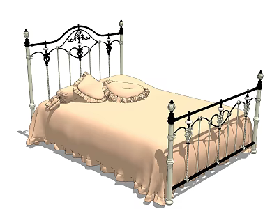 Ornate Black Iron Double Bed with Light Beige Bedding and Decorative Pillows 3d model