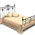 Ornate Black Iron Double Bed with Light Beige Bedding and Decorative Pillows 3d model