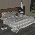 Modern Double Bed With Comfortable Bedding Soft Pillows And Wooden Headboard Lighting