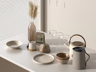 Kitchenware Ceramic Bowls Plates Cups Glasses And Kettle On White Table 3d model