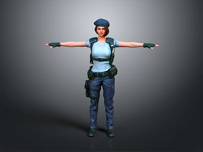 3D Female Character Model In Blue Uniform With Cap And Tactical Gear 3d model