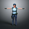 3D Female Character Model In Blue Uniform With Cap And Tactical Gear