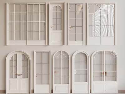 White Interior Hinged Doors With Various Designs Including Arched Top And Glass Panels 3d model