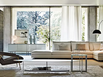 Modern Minimalist Living Room Interior With Large Windows White Curtains Beige Sofa And Glass Coffee Table 3d model