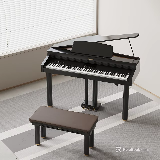 Elegant Black Piano With Brown Bench In Room On Striped Carpet And Window Blinds 3d model 