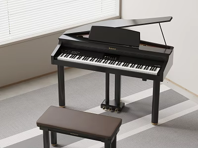 Elegant Black Piano With Brown Bench In Room On Striped Carpet And Window Blinds 3d model