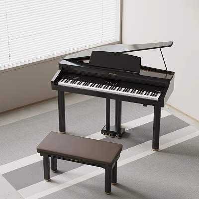 Elegant Black Piano With Brown Bench In Room On Striped Carpet And Window Blinds 3d model