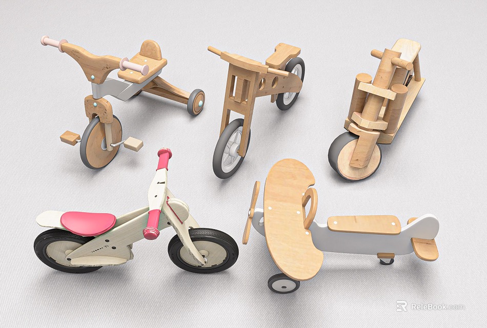 Various Wooden Electric Toys For Kids Including Tricycles Bicycles Scooters And Planes 3d model 