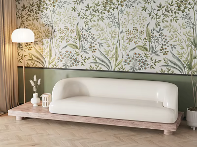White Sectional Sofa on Wooden Base with Green Botanical Wallpaper and Floor Lamp 3d model