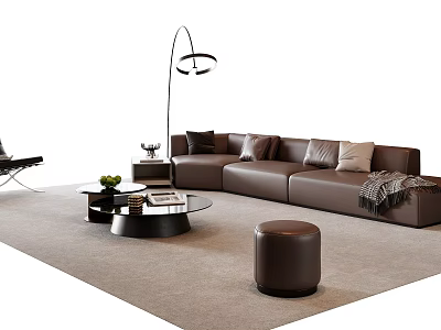Brown Leather Sofa With Cushions And Glass Top Coffee Table Set In Modern Living Room 3d model