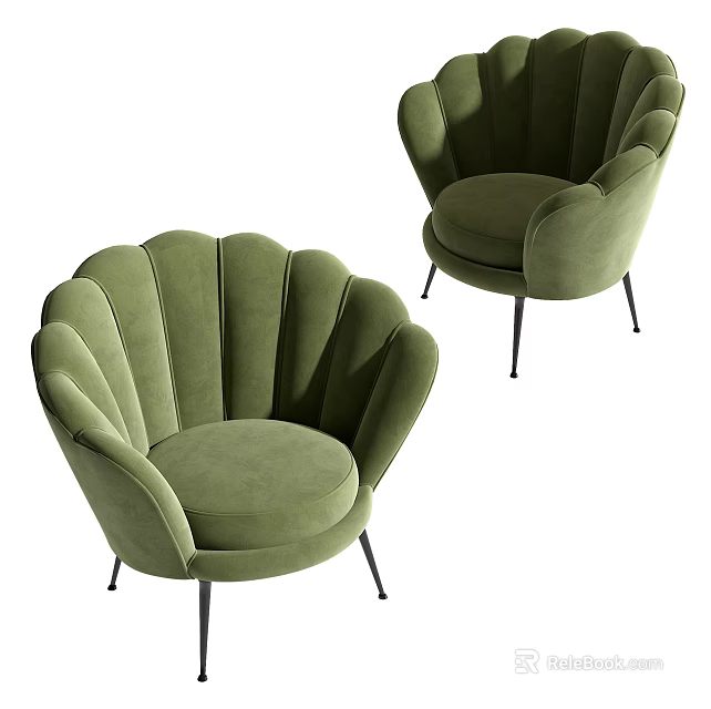 Green Velvet Single Sofa With Modern Scalloped Back And Metal Legs 3d model 