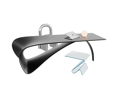 Modern Black Curved Desk With Laptop Round Decorative Object And Glass Chair 3d model