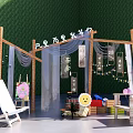 Wooden Frame Photo Check-in Spot With White Curtains Calligraphy Signs And Green Backdrop