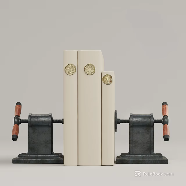 White Folders With Gold Circular Emblems And Black Bookends With Red Handles 3d model 