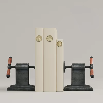 White Folders With Gold Circular Emblems And Black Bookends With Red Handles 3d model