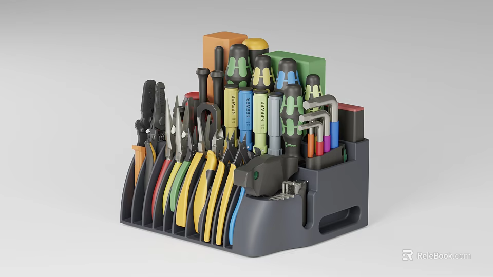 Practical Gray Plastic Tool Organizer with Colored Handles Screwdrivers Pliers and Wrenches 3d model 