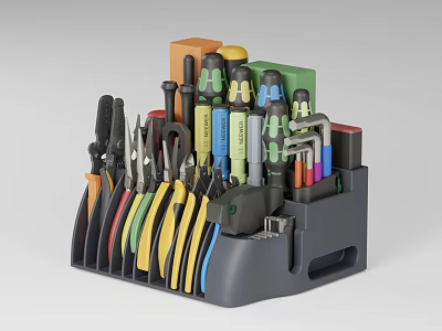 Practical Gray Plastic Tool Organizer with Colored Handles Screwdrivers Pliers and Wrenches 3d model