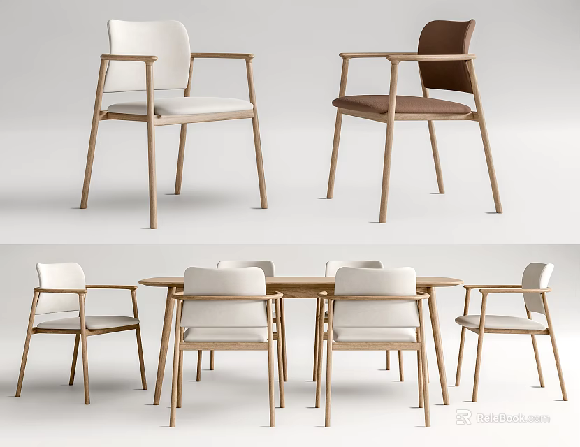 Modern Dining Table Set With Light Wooden Frame And White Brown Chairs 3d model