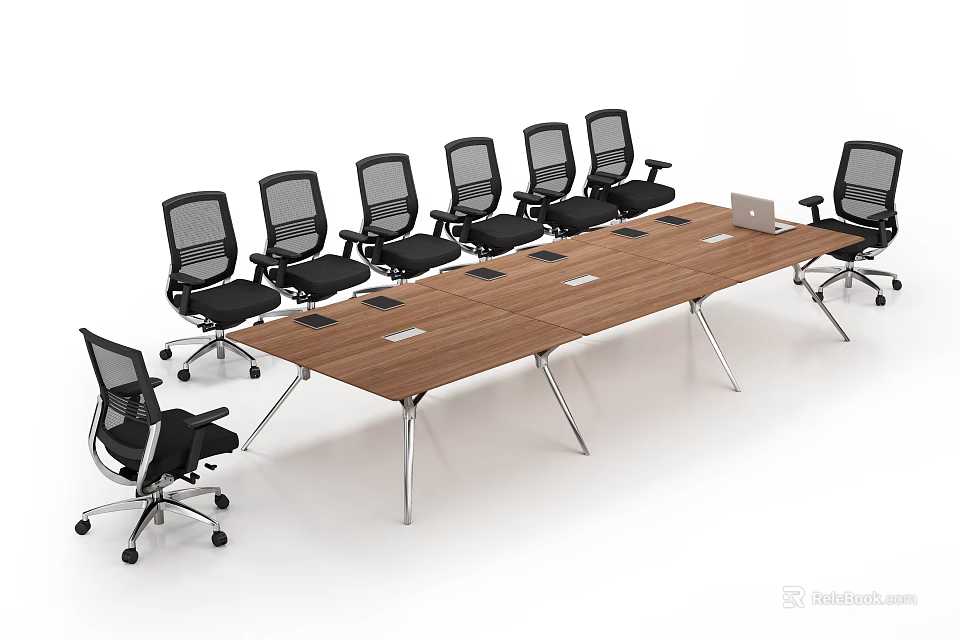 Modern Wooden Conference Table With Black Mesh Office Chairs Metal Legs And Laptop For Business Meetings 3d model 