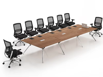 Modern Wooden Conference Table With Black Mesh Office Chairs Metal Legs And Laptop For Business Meetings 3d model
