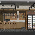 Modern Café Interior With Brick Wall Bar Counter Metal Stools Neon Sign And Refrigerator