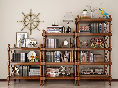 Wooden Shelving Unit With Books Ship Wheel Decor Parrot Figurine Lamp And Photo Frame 3d model
