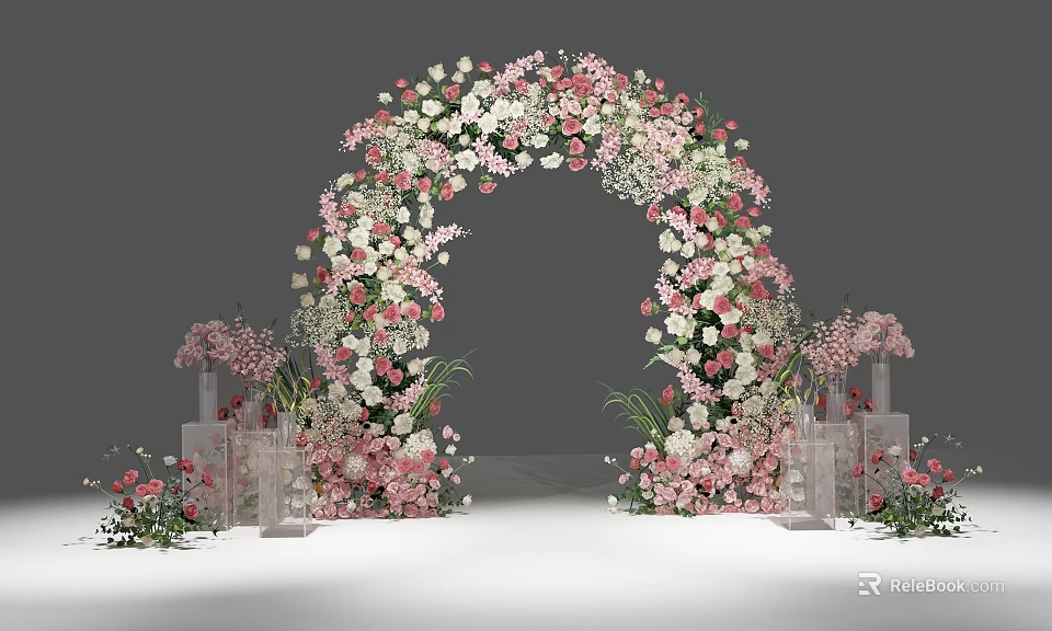 Floral Art Decoration with Pink and White Flowers Arch and Transparent Columns 3d model 