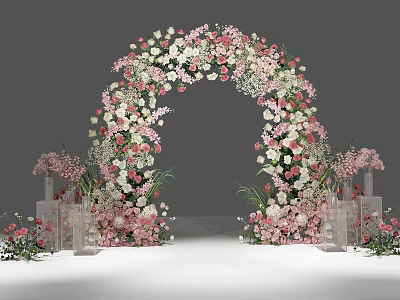 Floral Art Decoration with Pink and White Flowers Arch and Transparent Columns 3d model