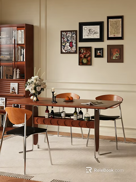 Cozy Restaurant Interior With Wooden Dining Table Chairs Flower Vase Wine Rack And Wall Paintings 3d model 