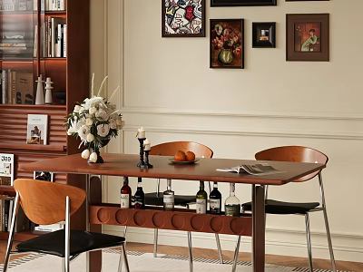 Cozy Restaurant Interior With Wooden Dining Table Chairs Flower Vase Wine Rack And Wall Paintings 3d model