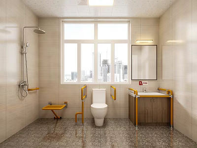 Accessible Public Toilet With Handrails Shower Chair Sink And Window 3d model