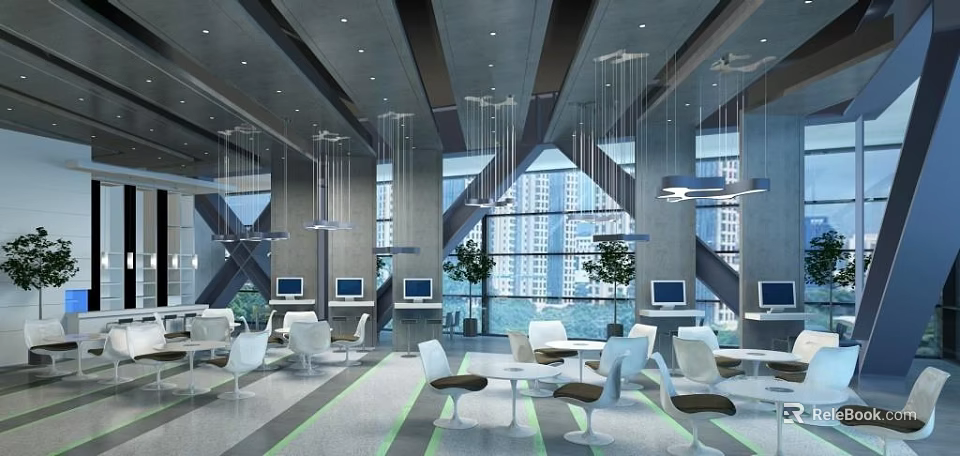 Modern Lounge Area Interior With Tables Chairs Computers Large Windows And Plants 3d model 